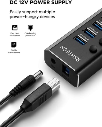 Güçlü USB Hub 16 Bağlantı Noktası 100W USB 3.0 Veri Merkezi Alüminyum USB Bağlantı Noktası Genişletici Bireysel Açma/Kapama Anahtarları ve 12V/8.3A Güç Adaptörü (RSH-A16)