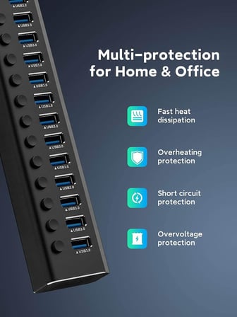 Güçlü USB Hub 16 Bağlantı Noktası 100W USB 3.0 Veri Merkezi Alüminyum USB Bağlantı Noktası Genişletici Bireysel Açma/Kapama Anahtarları ve 12V/8.3A Güç Adaptörü (RSH-A16)