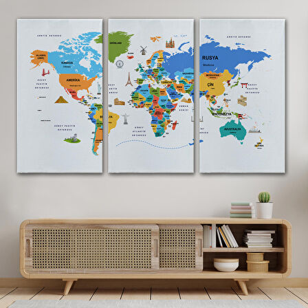 Harita Sepeti Türkçe Dünya Haritası Dekoratif Kanvas Tablo Ülke-Başkentli Öğretici ve Sembollü 2334