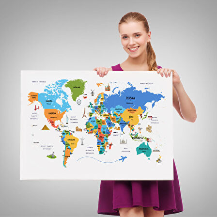 Harita Sepeti Türkçe Dünya Haritası Dekoratif Kanvas Tablo Ülke-Başkentli Öğretici ve Sembollü 2334