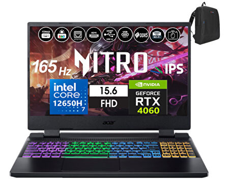 Acer Nitro 5 AN515-58 Intel Core I7-12650H 32GB Ddr5 1tb SSD 8GB/RTX4060 Freedos 15.6" 165Hz Fhd IPS Taşınabilir Bilgisayar WNHQM0EY00B06+WEBLEGELSINÇANTA