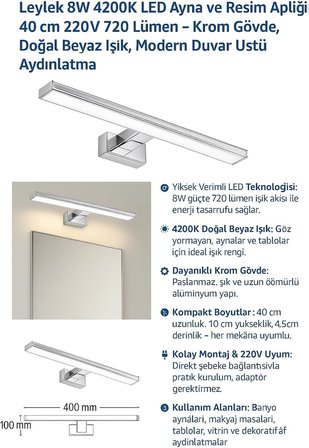 Leylek 8W 4200K LED Ayna ve Resim Apliği 40 cm 220V 720 Lümen – Krom Gövde, Doğal Beyaz Işık, Modern Duvar Üstü Aydınlatma