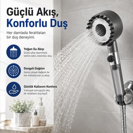 SOGUD Duş Başlığı Seti Gri - 150 Cm Hortumlu Filtreli Arıtmalı El Duşu - 3 Fonksiyonlu Yüksek Basınçlı Model - 3 Yedek Filtre Kartuşlu Kireç Önleyici Su Tasarruflu Masaj Etkili