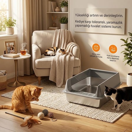 TechTic Yarı Kapalı Çelik Kedi Tuvaleti Yüksek Kenarlı Kürek Hediyeli Paslanmaz Metal Kedi Kum Kabı