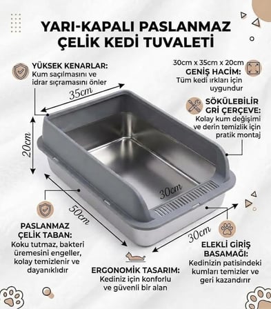 TechTic Yarı Kapalı Çelik Kedi Tuvaleti Yüksek Kenarlı Kürek Hediyeli Paslanmaz Metal Kedi Kum Kabı