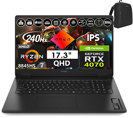 Hp Omen 17-DB0015NT Amd Ryzen 7-8845HS Aı 64GB Ddr5 2tb SSD 8GB/RTX4070 WINDOWS11PRO 17.3" 240Hz 3ms 300NITS Qhd IPS Taşınabilir Bilgisayar OMA44QLEAW55+WEBLEGELSINÇANTA