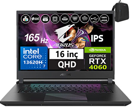 Gigabyte Aorus 15 Bkf Intel Core I7-13620H 24GB Ddr5 512GB SSD 8GB/RTX4060 140W WINDOWS11HOME 15.6" 165Hz Qhd IPS Taşınabilir Bilgisayar GB15ARSH3TR75W21+WEBLEGELSINÇANTA