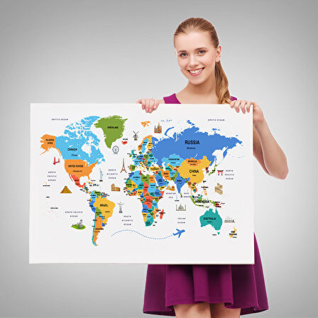 Harita Sepeti Dünya Haritası Dekoratif Kanvas Tablo Ülke ve Başkentli Öğretici ve Sembollü 2335