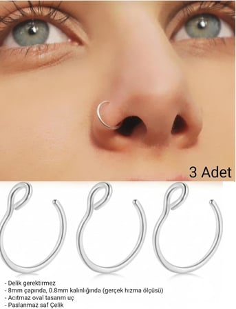 Deliksiz Çelik Sıkıştırmalı Halka Hızma, 3 Adet Set, Gümüş, Unisex Kulak Burun Piercingi
