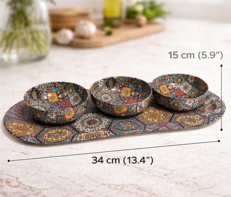 Metal 3’lü Meze ve Atıştırmalık Kase Seti,Renkli Mozaik Desenli Sunum Tabağı ile, Dayanıklı Çerezlik Sosluk Seti, Modern Sofra Sunum Ürünü