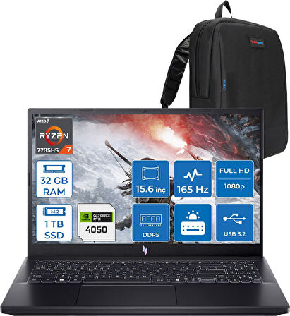 Acer Nitro V15 ANV15-41 Amd Ryzen 7 7735HS 32GB Ddr5 1tb SSD 6GB/RTX4050 75W 15.6" Fhd 165hz IPS Freedos Taşınabilir Bilgisayar. NHQSGEY004F08+ZETTAÇANTA