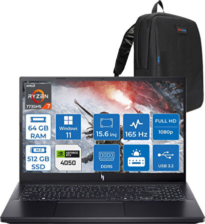 Acer Nitro V15 ANV15-41 Amd Ryzen 7 7735HS 64GB Ddr5 512GB SSD 6GB/RTX4050 75W 15.6" Fhd 165hz IPS Windows 11 Home Taşınabilir Bilgisayar. NHQSGEY004H17+ZETTAÇANTA