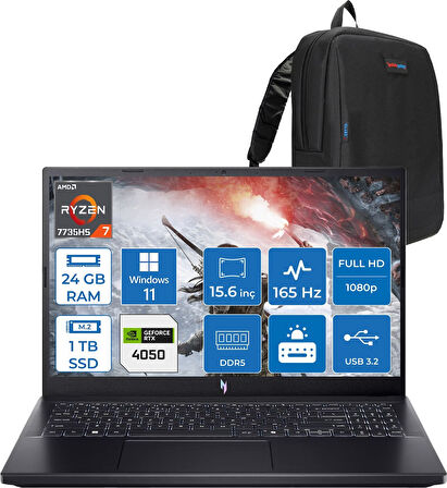 Acer Nitro V15 ANV15-41 Amd Ryzen 7 7735HS 24GB Ddr5 1tb SSD 6GB/RTX4050 75W 15.6" Fhd 165hz IPS Windows 11 Pro Taşınabilir Bilgisayar NHQSGEY004P03+ZETTAÇANTA