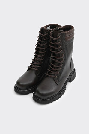 Fermuarlı Bağcıklı Hakiki Deri Kadın Uzun Bot 