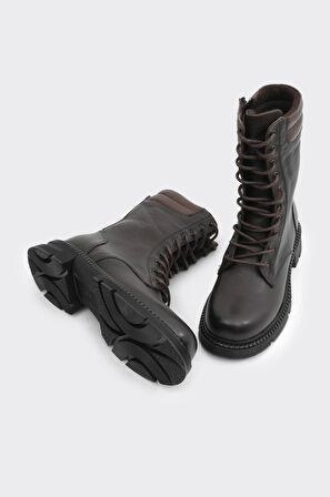 Fermuarlı Bağcıklı Hakiki Deri Kadın Uzun Bot 