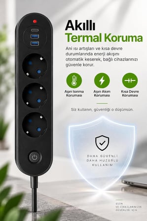 Robeve Blic Termal Akım Korumalı 3’lü Priz 2500W – 1 USB-C + 2 USB-A Hızlı Şarj Girişli Çoklu Priz – Aşırı Akım, Isınma ve Kısa Devre Korumalı Aç/Kapa Anahtarlı Siyah Uzatma Prizi Grup Priz