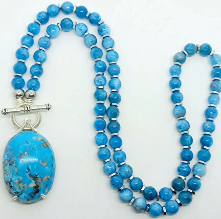 2338 İran nişabur Firuze Apatit el yapımı kolye c