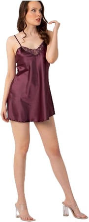 miorre Ince Askılı Güpürlü Mini Saten Gecelik Yeni Sezon (1 Adet Ekonomik),Eflatun Xl/2Xl