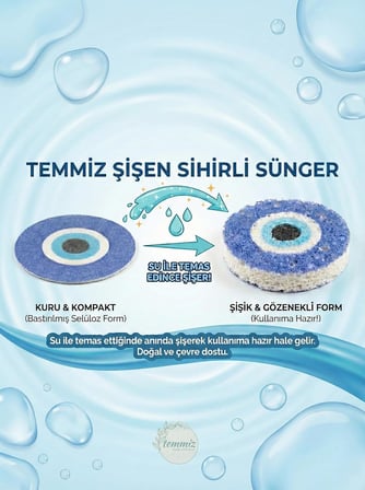 Magic Sponge Şişen Sihirli Sünger Nazar Boncuğu Desenli, Su İle Temas Ettiğinde Sünger Formunu Alır, Defalarca Kullanılabilir Sürdürülebilir