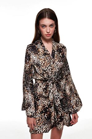 LEOPAR DESEN KUŞAKLI SATEN ELBİSE