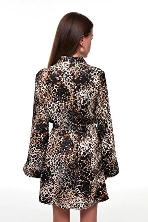 LEOPAR DESEN KUŞAKLI SATEN ELBİSE