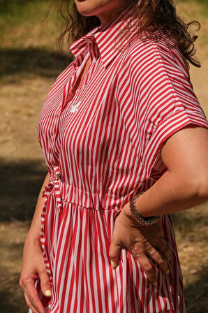 KUŞ NAKIŞLI ÇİZGİLİ ELBİSE