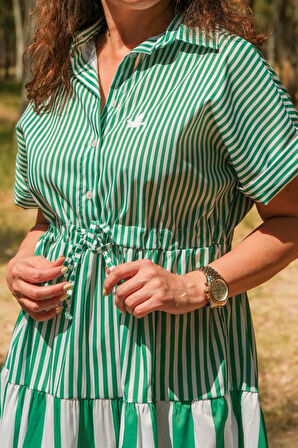 KUŞ NAKIŞLI ÇİZGİLİ ELBİSE