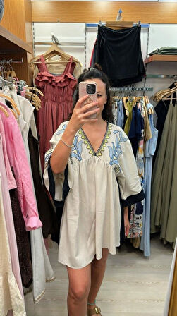 ETNİK DESENLİ KETEN ELBİSE