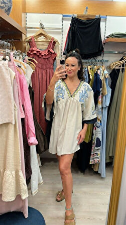 ETNİK DESENLİ KETEN ELBİSE