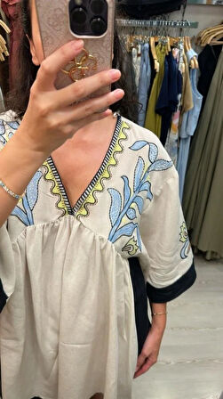 ETNİK DESENLİ KETEN ELBİSE