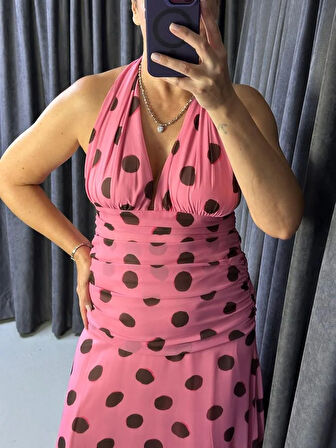 BOYUNDAN BAĞLAMALI PUANTİYELİ ELBİSE