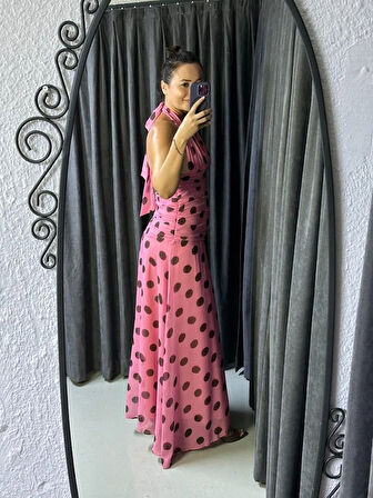 BOYUNDAN BAĞLAMALI PUANTİYELİ ELBİSE