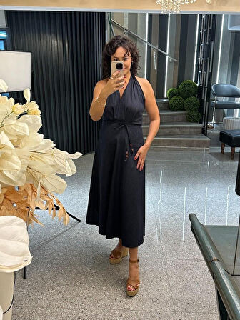 BOYUNDAN BAĞLAMALI JEAN ELBİSE