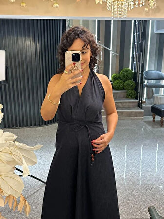 BOYUNDAN BAĞLAMALI JEAN ELBİSE