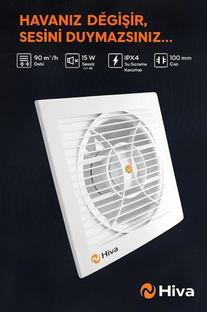 Hiva Banyo ve Tuvalet Aspiratörü, 90 M³/H Debi, 33 Db Sessiz, 15 W Enerji, IPX4 Su Sıçrama Korumalı, 230 V, 50 Hz, Duvar Tavan Uyumlu, Dekoratif, Beyaz Havalandırma Fanı (100 mm)
