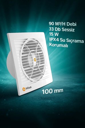 Hiva Banyo ve Tuvalet Aspiratörü, 90 M³/H Debi, 33 Db Sessiz, 15 W Enerji, IPX4 Su Sıçrama Korumalı, 230 V, 50 Hz, Duvar Tavan Uyumlu, Dekoratif, Beyaz Havalandırma Fanı (100 mm)