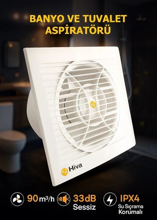 Hiva Banyo ve Tuvalet Aspiratörü, 90 M³/H Debi, 33 Db Sessiz, 15 W Enerji, IPX4 Su Sıçrama Korumalı, 230 V, 50 Hz, Duvar Tavan Uyumlu, Dekoratif, Beyaz Havalandırma Fanı (100 mm)