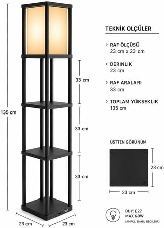 Dekoratif Raflı Lambader Siyah, 135 cm Modern Sehpalı Lambader, E27 Duy Uyumlu, 23x23 cm Raflı Salon Yatak Odası Ofis Aydınlatma