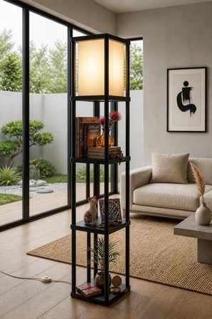 Dekoratif Raflı Lambader Siyah, 135 cm Modern Sehpalı Lambader, E27 Duy Uyumlu, 23x23 cm Raflı Salon Yatak Odası Ofis Aydınlatma