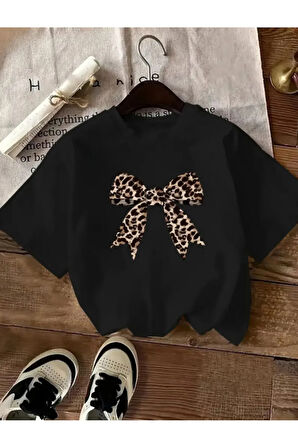 Unisex Leopar Desenli Kurdele Özel Tasarım Ön Baskılı Tasarım Tshirt