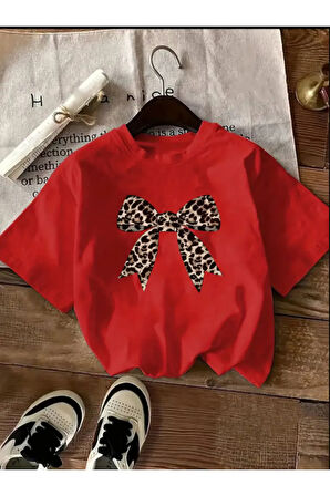 Unisex Leopar Desenli Kurdele Özel Tasarım Ön Baskılı Tasarım Tshirt