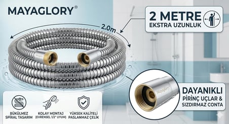 Mayaglory 2 Metre Duş Hortumu - Kırılmaz, Bükülmez ve Sızdırmaz Esnek Spiral Banyo Hortumu - Pirinç Uçlu Standart 1/2" Evrensel Bağlantı, Paslanmaz Çelik Duş Hortumu