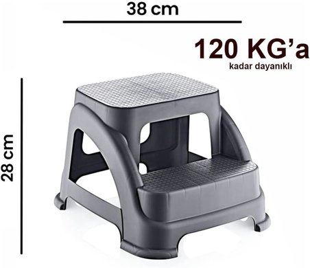 İki Basamaklı Kaymaz Tabure - 120 KG Taşıma Kapasiteli - Basamaklı Tabure - Sert Plastik (Antrasit)