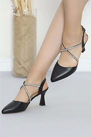 Kadın Topuklu Ayakkabı Siyah Stiletto Taşlı Konforlu Günlük Ve Özel Günler için