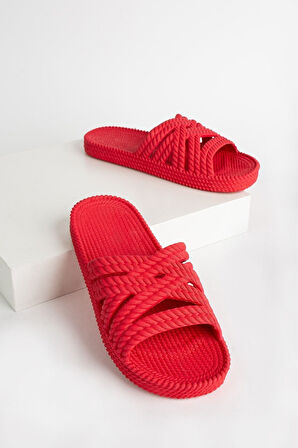 Kadın Terlik Kirmizi Hasır Bant Kaymaz Tabanlı Yumuşak Esnek Banyo Balkon Plaj Sokak Eva terlik