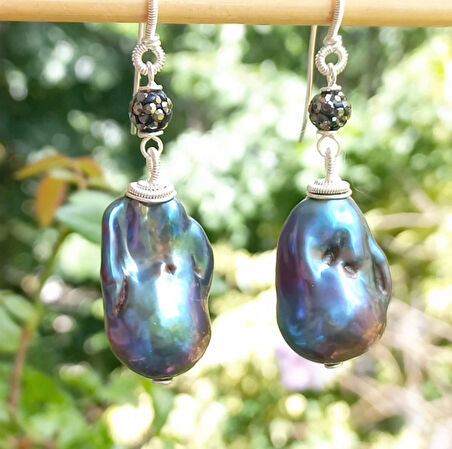 2341 Doğal siyah İnci Markazit el yapımı küpe