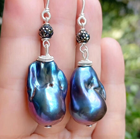 2341 Doğal siyah İnci Markazit el yapımı küpe