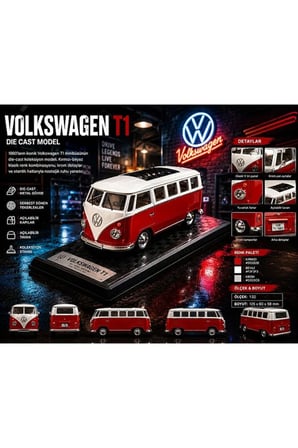 VolksWagen T1 Minibüs Diecast Model Araba Özel Standlı VolksWagen T1 Minibüs Kırmızı