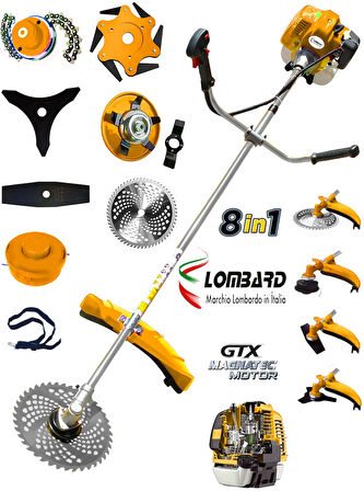 Lombard İtalia F15 Motor New 8 İn 1 FULL Set Yan Tipi Benzinli Motorlu Ot Çalı Tırpanı Çim Makinesi