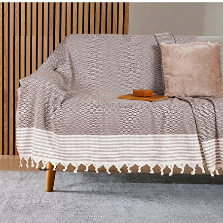 Buldan İşi Kaymaz Pamuklu Koltuk Örtüsü 170x210 Cm Koltuk Şalı Çekyat Kanepe Örtüsü - Kahve 